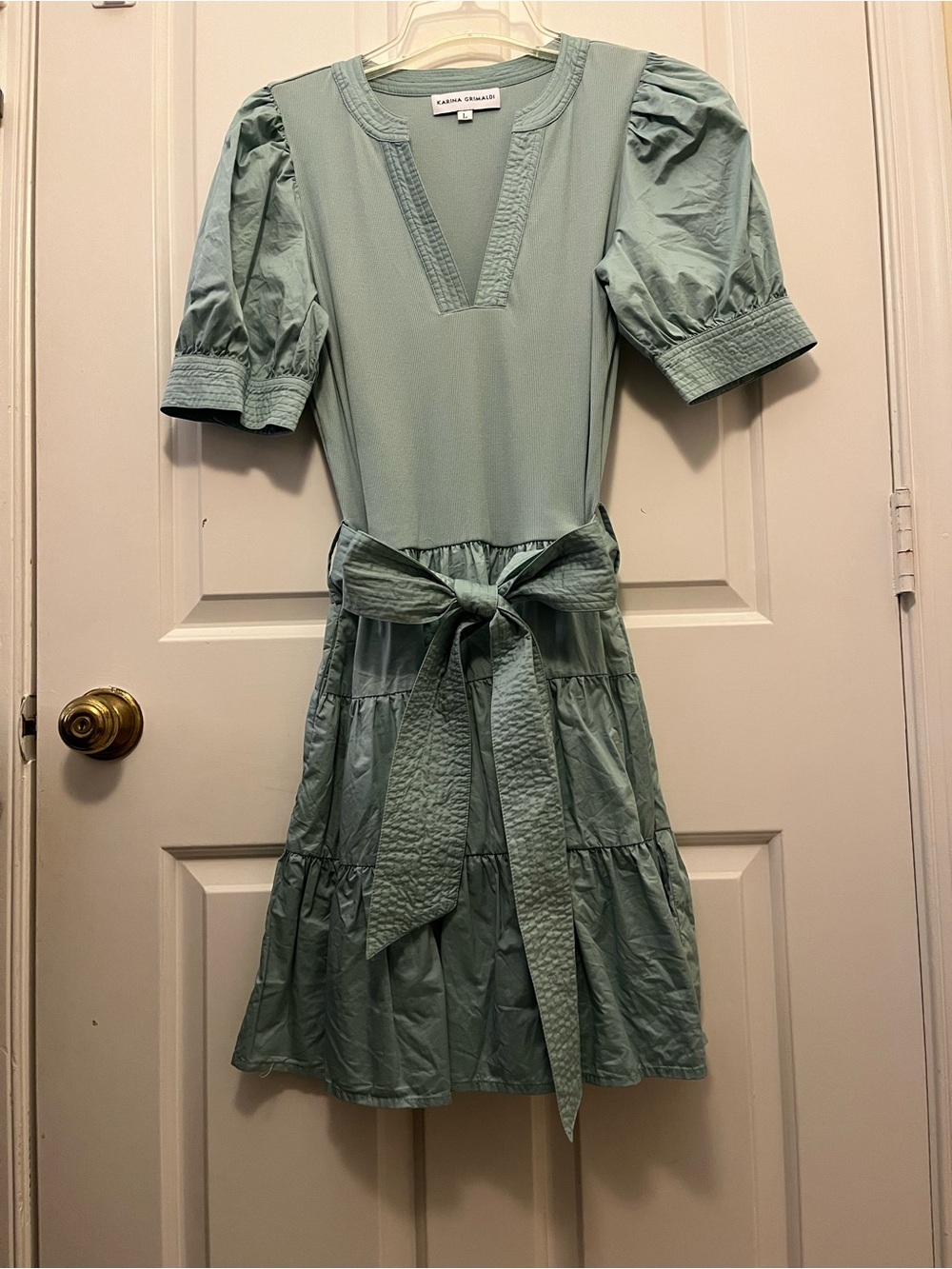 Karina Grimaldi Sage Green Puff-Sleeve Tie-Waist Midi Dress